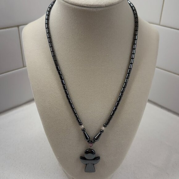 Jewelry - Hematite Beaded Necklace with an Angel Pendant